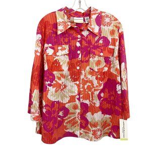 NEW Alfred Dunner Orange Pink Hawaiian Floral Long Sleeve Blouse - Size 18W